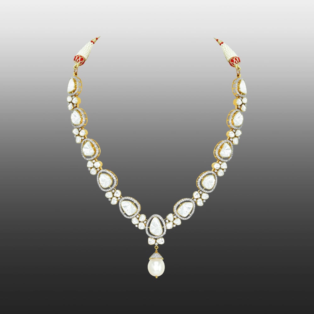 Teardrop Polki Necklace with Diamonds and Pearl Drop